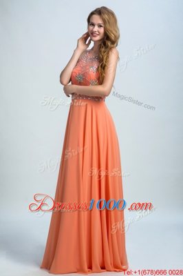 Orange Scoop Neckline Beading Prom Dress Sleeveless Backless