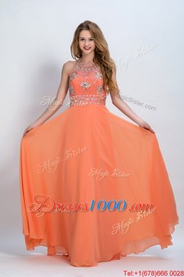 Orange Scoop Neckline Beading Prom Dress Sleeveless Backless