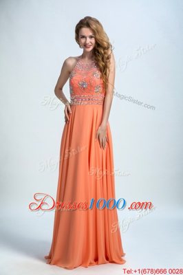 Orange Scoop Neckline Beading Prom Dress Sleeveless Backless