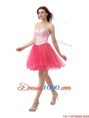 Coral Red Sleeveless Knee Length Beading Zipper Evening Outfits