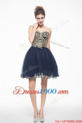 Exceptional Mini Length Side Zipper Prom Dress Navy Blue and In for Prom with Appliques