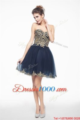 Exceptional Mini Length Side Zipper Prom Dress Navy Blue and In for Prom with Appliques
