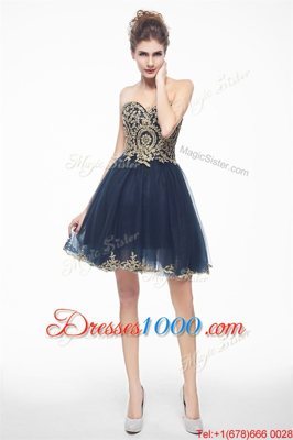 Exceptional Mini Length Side Zipper Prom Dress Navy Blue and In for Prom with Appliques
