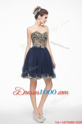 Exceptional Mini Length Side Zipper Prom Dress Navy Blue and In for Prom with Appliques