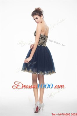 Exceptional Mini Length Side Zipper Prom Dress Navy Blue and In for Prom with Appliques