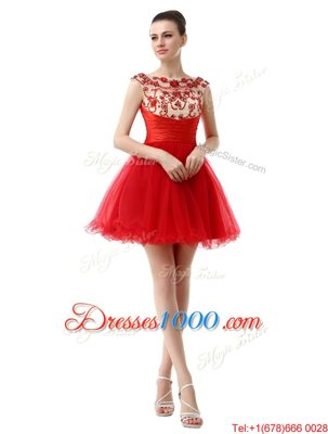 Exquisite Red Organza Zipper Bateau Cap Sleeves Mini Length Homecoming Dress Beading and Ruching