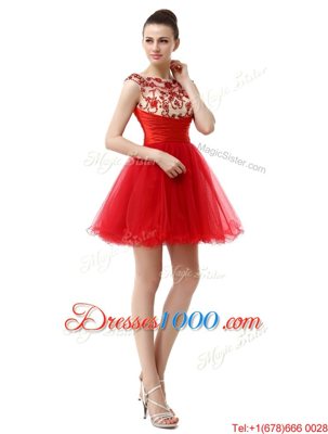 Exquisite Red Organza Zipper Bateau Cap Sleeves Mini Length Homecoming Dress Beading and Ruching