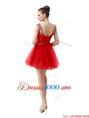 Exquisite Red Organza Zipper Bateau Cap Sleeves Mini Length Homecoming Dress Beading and Ruching