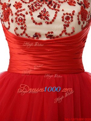 Exquisite Red Organza Zipper Bateau Cap Sleeves Mini Length Homecoming Dress Beading and Ruching