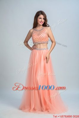 Flare Peach Chiffon Side Zipper Scoop Sleeveless Floor Length Prom Dress Beading and Belt