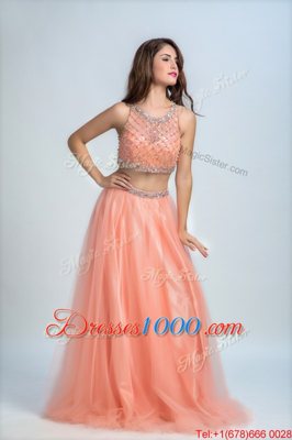 Flare Peach Chiffon Side Zipper Scoop Sleeveless Floor Length Prom Dress Beading and Belt