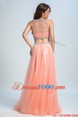 Flare Peach Chiffon Side Zipper Scoop Sleeveless Floor Length Prom Dress Beading and Belt