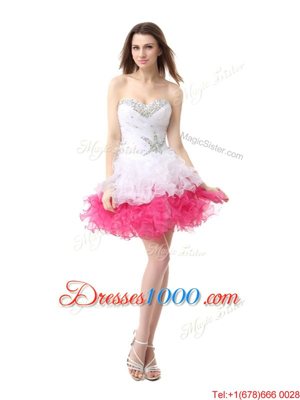 Superior Pink And White A-line Sweetheart Sleeveless Organza Knee Length Lace Up Beading and Ruffles Prom Gown