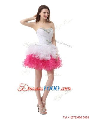 Superior Pink And White A-line Sweetheart Sleeveless Organza Knee Length Lace Up Beading and Ruffles Prom Gown
