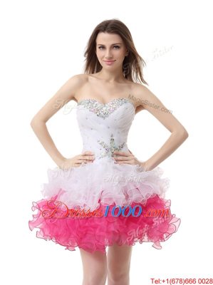 Superior Pink And White A-line Sweetheart Sleeveless Organza Knee Length Lace Up Beading and Ruffles Prom Gown