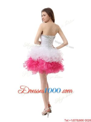 Superior Pink And White A-line Sweetheart Sleeveless Organza Knee Length Lace Up Beading and Ruffles Prom Gown