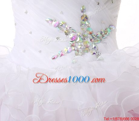 Superior Pink And White A-line Sweetheart Sleeveless Organza Knee Length Lace Up Beading and Ruffles Prom Gown