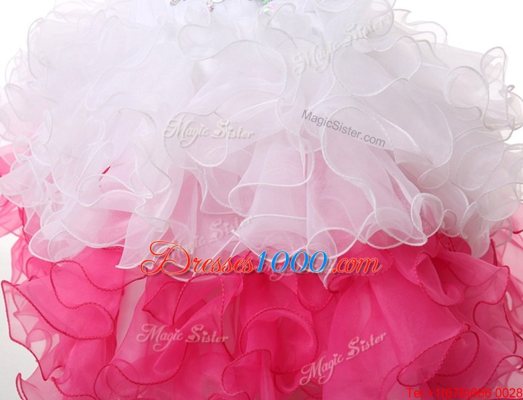 Superior Pink And White A-line Sweetheart Sleeveless Organza Knee Length Lace Up Beading and Ruffles Prom Gown