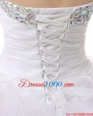 Superior Pink And White A-line Sweetheart Sleeveless Organza Knee Length Lace Up Beading and Ruffles Prom Gown