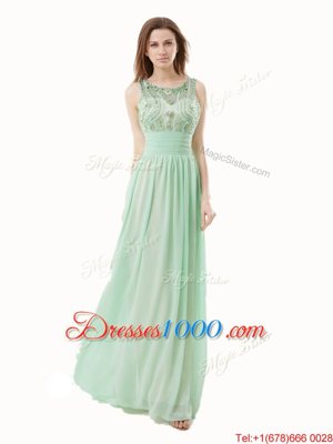 Lovely Scoop Floor Length Zipper Womens Evening Dresses Apple Green and In for Prom with Beading and Bowknot