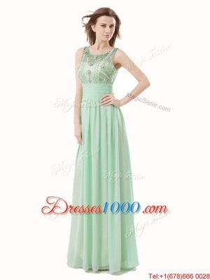 Lovely Scoop Floor Length Zipper Womens Evening Dresses Apple Green and In for Prom with Beading and Bowknot