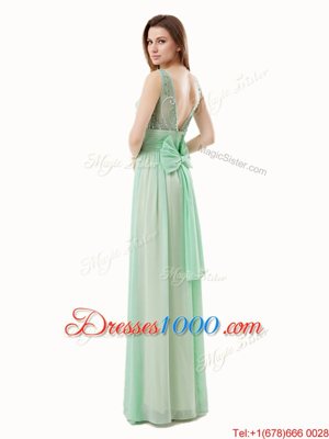 Lovely Scoop Floor Length Zipper Womens Evening Dresses Apple Green and In for Prom with Beading and Bowknot