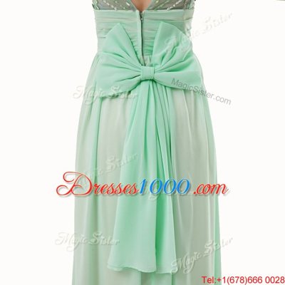 Lovely Scoop Floor Length Zipper Womens Evening Dresses Apple Green and In for Prom with Beading and Bowknot