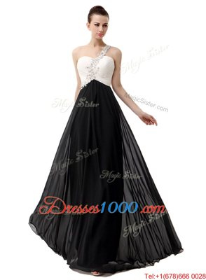 Pretty One Shoulder White And Black Chiffon Zipper Prom Dress Sleeveless Floor Length Beading