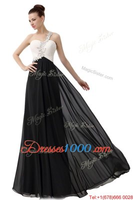 Pretty One Shoulder White And Black Chiffon Zipper Prom Dress Sleeveless Floor Length Beading