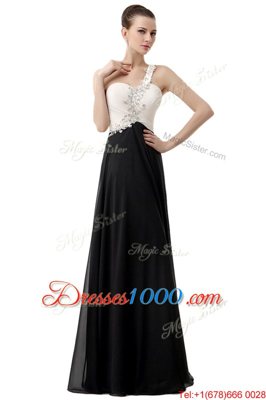 Pretty One Shoulder White And Black Chiffon Zipper Prom Dress Sleeveless Floor Length Beading