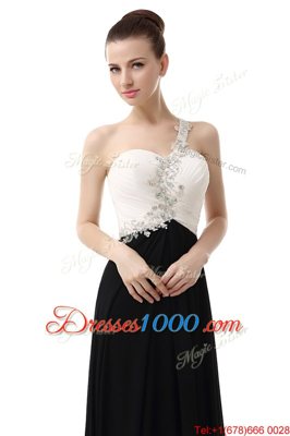 Pretty One Shoulder White And Black Chiffon Zipper Prom Dress Sleeveless Floor Length Beading