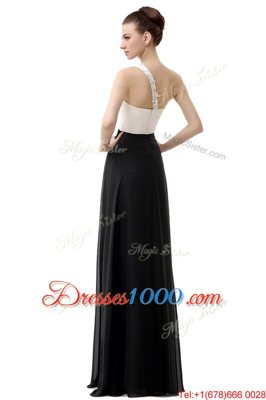 Pretty One Shoulder White And Black Chiffon Zipper Prom Dress Sleeveless Floor Length Beading
