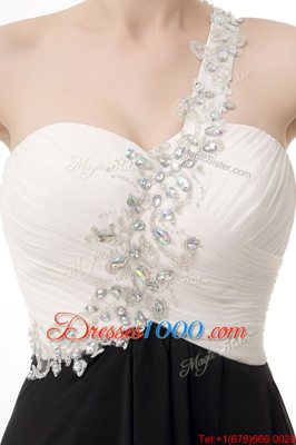 Pretty One Shoulder White And Black Chiffon Zipper Prom Dress Sleeveless Floor Length Beading