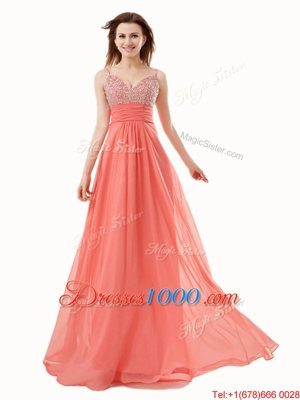 Custom Designed Floor Length Side Zipper Womens Evening Dresses Watermelon Red and In for Prom with Beading