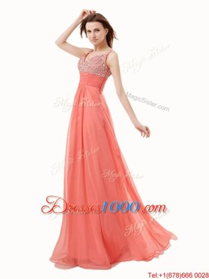 Custom Designed Floor Length Side Zipper Womens Evening Dresses Watermelon Red and In for Prom with Beading