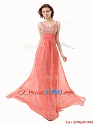 Custom Designed Floor Length Side Zipper Womens Evening Dresses Watermelon Red and In for Prom with Beading