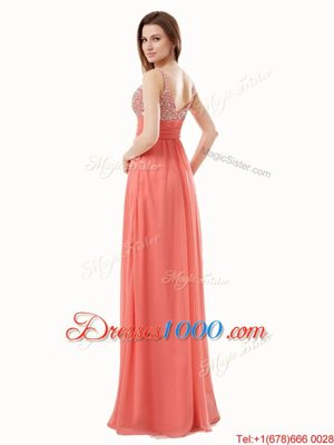 Custom Designed Floor Length Side Zipper Womens Evening Dresses Watermelon Red and In for Prom with Beading
