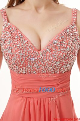 Custom Designed Floor Length Side Zipper Womens Evening Dresses Watermelon Red and In for Prom with Beading