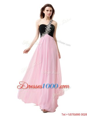 Flirting One Shoulder Sleeveless Floor Length Beading and Appliques and Ruffles Pink And Black Chiffon