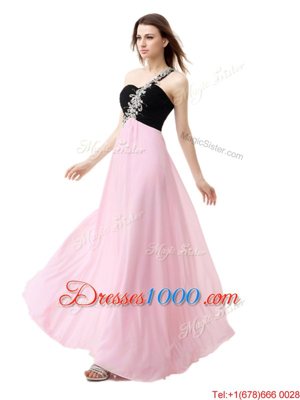 Flirting One Shoulder Sleeveless Floor Length Beading and Appliques and Ruffles Pink And Black Chiffon