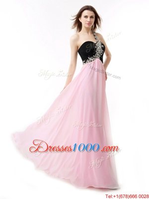 Flirting One Shoulder Sleeveless Floor Length Beading and Appliques and Ruffles Pink And Black Chiffon