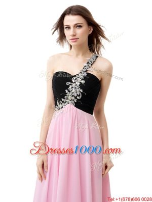 Flirting One Shoulder Sleeveless Floor Length Beading and Appliques and Ruffles Pink And Black Chiffon