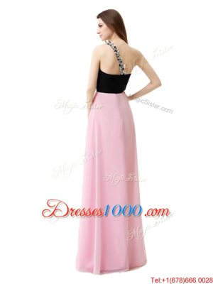 Flirting One Shoulder Sleeveless Floor Length Beading and Appliques and Ruffles Pink And Black Chiffon