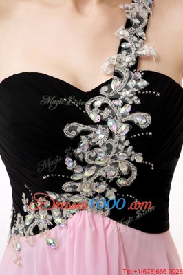 Flirting One Shoulder Sleeveless Floor Length Beading and Appliques and Ruffles Pink And Black Chiffon