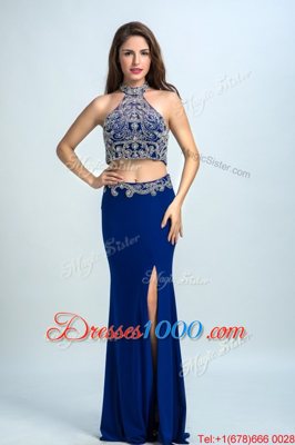 Glorious Halter Top Floor Length Backless Prom Party Dress Royal Blue and In for Prom and Party with Beading
