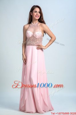 Halter Top Sleeveless Prom Gown Floor Length Beading Baby Pink Chiffon