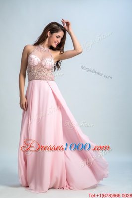 Halter Top Sleeveless Prom Gown Floor Length Beading Baby Pink Chiffon