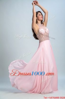 Halter Top Sleeveless Prom Gown Floor Length Beading Baby Pink Chiffon