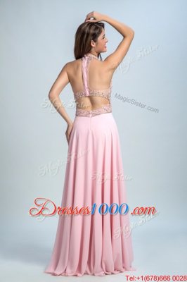 Halter Top Sleeveless Prom Gown Floor Length Beading Baby Pink Chiffon