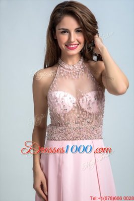 Halter Top Sleeveless Prom Gown Floor Length Beading Baby Pink Chiffon